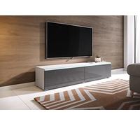 Slavia Maison Meuble TV Lowboard LED 140, Banc TV Suspendu ou sur Pieds, Commode de Salon sans Poignées, Éclairage, Stratifié, Corps Blanc Mat et Façades Gris Brillant