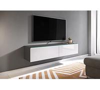 Slavia Maison Meuble TV Lowboard LED 140, Banc TV Suspendu ou sur Pieds, Commode de Salon sans Poignées, Éclairage, Stratifié, Corps Matera et Façades Blanc Brillant