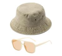 SLAXJNE 1 Chapeau De Soleil, 1 Lunettes, Chapeau Seau En Coton Pour Hommes, Chapeau De Soleil D'Été, Chapeau De Randonnée En Plein Air, Chapeau Pour Femmes