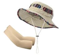 SLAXJNE 1 Chapeau De Soleil, 1 Paire De Manches, Chapeau Bob De Style Ethnique Avec Cordon Réglable, Chapeau Bob Délavé, Chapeau Bob Réversible, Ensemble De Protection Solaire Extérieur