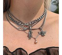SLCHJX 5 PCS/Set Women Colliers Set Retro Angel Demon Pin Pearl Pendant clavicule chaîne argenté Collier Collier d'anniversaire Bijoux de fête