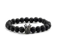 SLCHJX Tendance Cz Couronne Impériale Et Casque Charme Bracelet Naturel Mat Volcan Lave 8Mmstone Bracelets Femmes Hommes Bracelets Bijoux Pulser20Cm Noir