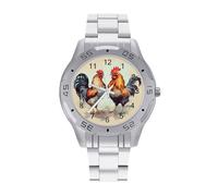 Sl usiness Steel Band Rooster And Hen Printed Watch for Men - Élégant Quartz Analog Wristwatch, Lightweight & Comfortable