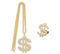 SLEEKEE 1 collier en forme de dollar, 1 bague, collier et bagues, chaîne en or hip-hop, pendentif clown, pendentif symbole de trésorerie, chaîne en or, accessoires de bijoux rappeur., 29*53mm, Zinc