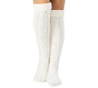 SLEEKEE 1 paire de chaussettes au-dessus du genou, chaussettes chaudes tricotées pour femme, pantoufles pour l'intérieur et l'extérieur, chaussettes à motif losanges, chaussettes d'hiver épaisses