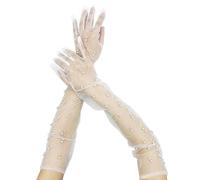 SLEEKEE 1 paire de gants à perles, gants longs en tulle perle, gants en dentelle pour femme, gants de mariée blancs pour femmes, mariées, filles., Blanc., 55