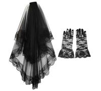 SLEEKEE 1 voile noir avec bordure en dentelle, 1 paire de gants en dentelle, voile de mariée gothique, accessoire de tête de dentelle noire d'Halloween pour décoration de vacances et photos., Noir ,