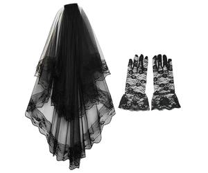 SLEEKEE 1 voile noir avec bordure en dentelle, 1 paire de gants en dentelle, voile de mariée gothique, accessoire de tête de dentelle noire d'Halloween pour décoration de vacances et photos., Noir ,