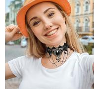 SLEEKEE 2 Chaînes De Clavicule De Style Gothique Et 2 Chaînes Croisées, Bijoux Rétro Punk, Design en Dentelle Noire, Adapté Aux Jeux De Rôle.