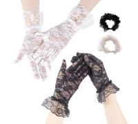 SLEEKEE 2 Paires de Gants en Dentelle, Courts et Élégants, 2 Élastiques à Cheveux - Pour Mariages et Activités de Plein Air - Blanc/Noir, 8*25cm