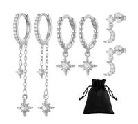 SLEEKEE 3 Paires De Boucles d'oreilles Étoile Et Lune, 1 Pochette À Bijoux, Boucles d'oreilles Zircon, Boucles d'oreilles Asymétriques, Boucles d'oreilles Mode Femme, Boucles d'oreilles Polyvalentes