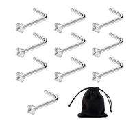 SLEEKEE Lot de 10 piercings de nez en cristal transparent, 1 pochette en velours, clous de nez percés en argent sterling, boucles d'oreilles microcristaux, clous de nez en forme de L, boucles