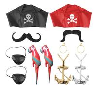 SLEEKEE Lot de 12 perroquets pirates - Accessoires de déguisement de pirate - Collier bandana pirate - Barbe - Perroquet gonflable pour enfants et adultes - Pour Halloween, fête et école