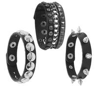 SLEEKEE Lot de 3 bracelets punk réglables en cuir noir avec rivets en métal pour hommes et femmes. Parfait pour les concerts, les fêtes, Halloween, le bal de fin d'année, Noël, Cuir