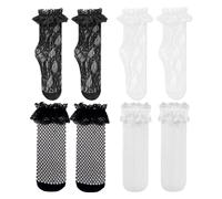 SLEEKEE Lot de 4 paires de chaussettes en dentelle plissée pour femme - Chaussettes élastiques mi-mollet - Taille unique (noir, blanc, noir/blanc)