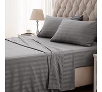 Sleep Zone Parure de lit 4 pièces rafraîchissante à Rayures - Drap-Housse Plat et taie d'oreiller - Draps de lit Super Doux à Rayures, Facile d'entretien, Poche Profonde (Gris Moulin, Grand lit)