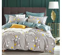 SLEEPBELLA Housse de Couette réversible en Coton de 600 Fils au Pouce carré avec Motif de Branches Grises à Pois Jaunes Turquoise (très Grand lit, Branches Grises)