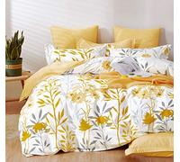 SLEEPBELLA Housse de Couette réversible en Coton de 600 Fils au Pouce carré, Motif Branches Grises et Fleurs Jaunes (très Grand lit, Feuille Blanche)
