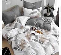 SLEEPBELLA Parure de lit 3 pièces 100% Coton réversible Motif Feuilles Blanches et Grises pour très Grand lit