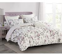 SLEEPBELLA Parure de lit 3 pièces avec Housse de Couette en Coton de 600 Fils au Pouce carré avec Motif Floral Rose poudré et Gris imprimé sur Blanc cassé (Grand lit, Floral Blanc)