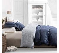 SLEEPBELLA Parure de lit 3 pièces avec Housse de Couette en Coton de 600 Fils au Pouce carré, imprimé avec Luxueux Motif de Feuilles Bleues, réversible, Motif botanique (lit Double, Feuilles Bleu