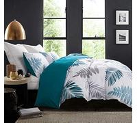 SLEEPBELLA Parure de lit réversible en Coton de 600 Fils au Pouce carré, Motif Floral, Feuilles Blanches, très Grand lit, Bleu Paon