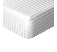 Sleepdown Drap-Housse de qualité hôtelière 100% Satin de Coton à Rayures, Chaud, Confortable, Respirant, Super Doux, Facile d'entretien, Poches très Profondes de 32 cm - Blanc - Double