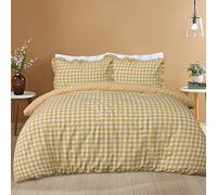 Sleepdown Parure de lit avec Housse de Couette et taies d'oreiller à Volants - Motif Vichy - Jaune Moutarde - King Size (230 x 220 cm)