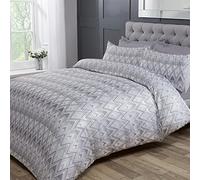 Sleepdown Parure de lit de Luxe avec Housse de Couette et taies d'oreiller Motif Chevron Jacquard Zigzag à Rayures géométriques Gris Clair Blanc King Size (220 cm x 230 cm), Polyester et Coton