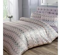 Sleepdown Parure de lit de Luxe avec Housse de Couette et taies d'oreiller Motif Chevron Jacquard Zigzag Rose Gris Double (200 x 200 cm)
