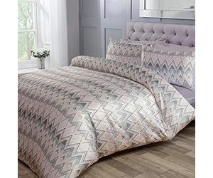 Sleepdown Parure de lit de Luxe avec Housse de Couette et taies d'oreiller Motif Chevron Jacquard Zigzag Rose Gris Double (200 x 200 cm)