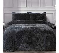 Sleepdown Parure de lit de Luxe en Polaire à Poils Longs Imitation Fourrure Gris Anthracite Super Douce Facile d'entretien avec taies d'oreiller - 1pc Super King Size (220 x 260 cm)