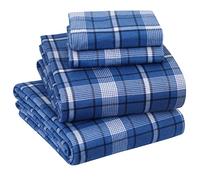 Sleepdown Parure de lit en Flanelle 100% Coton pour Grand lit, Super Douce et Lourde, brossée Double, Anti-Bouloches, Poche Profonde de 40,6 cm, 2 Poches latérales (Grand lit, Carreaux Bleu foncé)