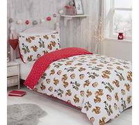 Sleepdown Parure de lit réversible avec Housse de Couette et taie d'oreiller pour Enfants-Motif Animaux de la forêt-Facile d'entretien-1 Place (135 cm x 200 cm), Polycoton, Blanc/Rouge, Simple