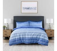 Sleepdown Parure de lit réversible avec Housse de Couette et taies d'oreiller à Rayures texturées - Bleu Marine/Blanc - Super King Size (260 x 220 cm)