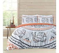 Sleepdown Parure de lit réversible avec Housse de Couette et taies d'oreiller Motif Mandala éléphant Tribal Polycoton Blanc/Rouille Orange King Size 230 x 220 cm