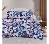 Sleepdown Parure de lit réversible avec Housse de Couette et taies d'oreiller Motif Palmier Tropical Rose pâle Bleu Marine King Size 230 x 220 cm