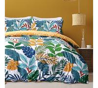 Sleepdown Parure de lit réversible avec Housse de Couette et taies d'oreiller Motif Palmier Tropical Ocre Multi Brights 230 x 220 cm King