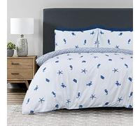 Sleepdown Sea Shore Parure de lit réversible avec Housse de Couette et taies d'oreiller Motif Vagues Nautiques Blanc/Bleu Super King