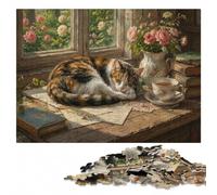Sleeping Cat by The Window Puzzle pour Adultes en Bois | Cadeau pour amateur de puzzle: activité familiale autour de la table pendant une soirée calme.