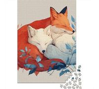 Sleeping Foxes with Leaves Puzzle 1000 Pieces Cadeau Unique Jeu Éducatif Défi Jouet À De Qualité Supérieure Peinture Art pour Adultes Et Enfants À Partir De 14 Ans 52x38cm/1000pcs