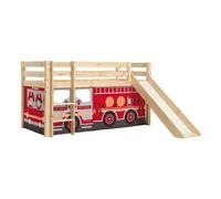 SLEEPY - Lit Mi-Haut Tobogan en Pin Naturel 90x200cm Housse Pompiers - Altobuy Marron
