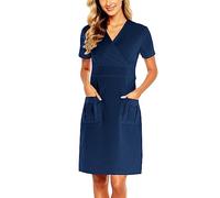 Sleeve Women Pouch Solid Short V-Neck Women' Dress(Darkblue,XXL)