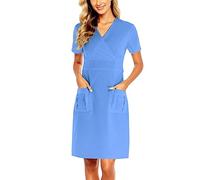 Sleeve Women Pouch Solid Short V-Neck Women' Dress(Navy,XXL)