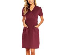 Sleeve Women Pouch Solid Short V-Neck Women' Dress(Red,XXL)