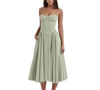 Sleeveless Corset Fit Midi Dress Spaghetti Strap Bustier Midi Dress Trendy A Line Dress with Pocket (M,Light Green)