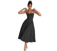 Sleeveless Corset Fit Midi Dress Spaghetti Strap Sundress Solid Color Print Bustier High Waist A Line Dress with Pockets (Black,S)