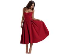 Sleeveless Corset Fit Midi Dress Spaghetti Strap Sundress Solid Color Print Bustier High Waist A Line Dress with Pockets (Red,M)