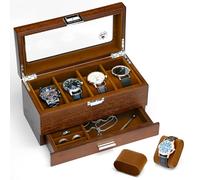 Slege Boîte à Montres en Bois,4 Emplacements avec Tiroir de Valet,Fabriqué à Main,Boîte de Rangement pour-Cave à Montre pour Homme et Femme-Boîte à bijoux avec couvercle en verre,Support de montre