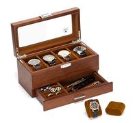 Slege Boîte à Montres en Bois,4 Emplacements avec Tiroir de Valet,Fabriqué à Main,Boîte de Rangement pour-Cave à Montre pour Homme et Femme-Boîte à bijoux avec couvercle en verre,Support de montre